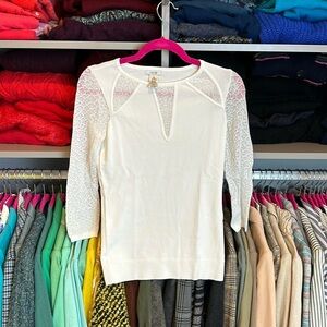 Cache white 3/4 quarter length lace sleeve scoop neck sweater size XS​